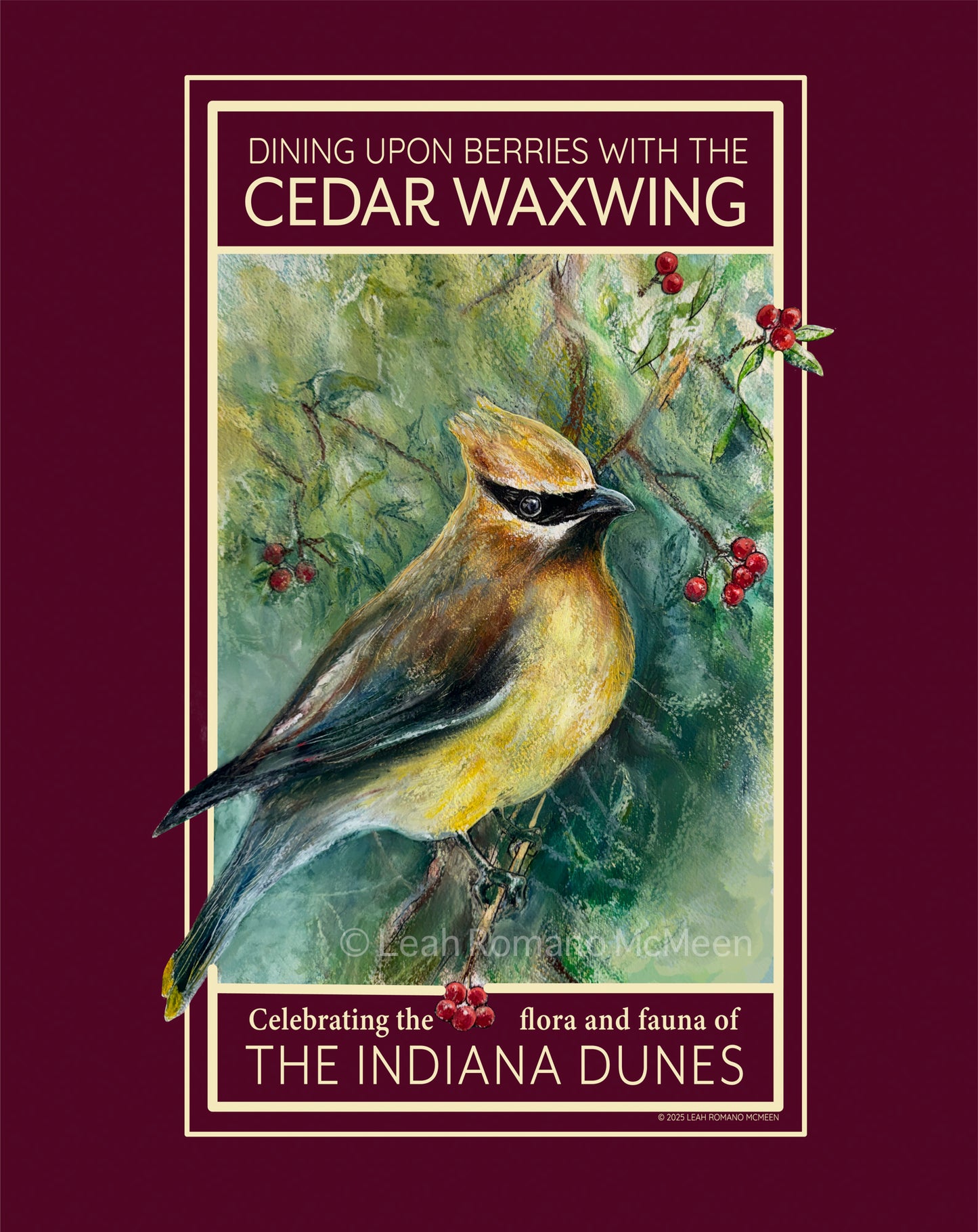 Cedar Waxwing Of The Indiana Dunes - Poster Print of Original Watercolor and Oil Pastel Bird Art