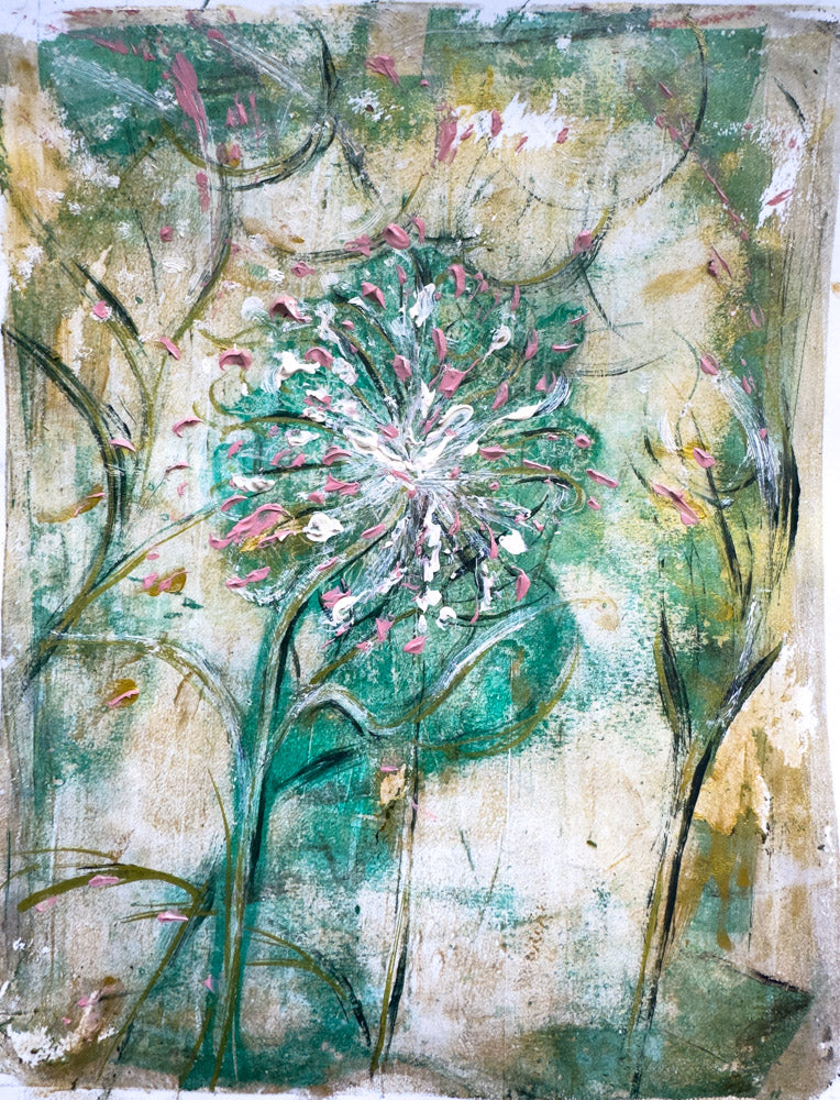 Abstract botanical monotype print and painting featuring a central dandelion-like flower with green, teal, white, and pink tones, surrounded by textured stems and leaves on a warm beige and cream background.