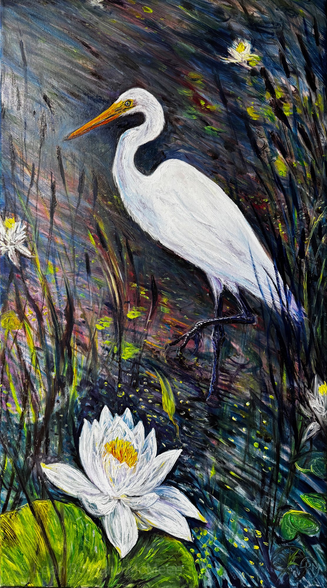 The Egret And Lily Original Oil Painting