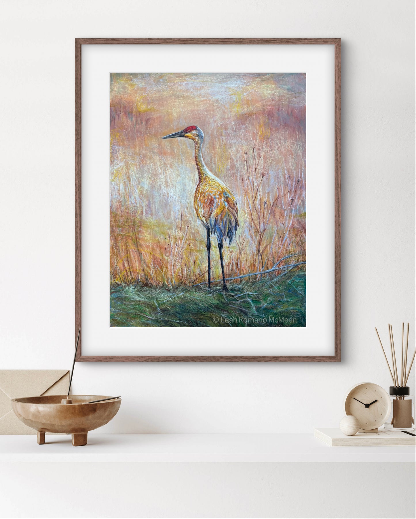 Golden Hour Crane - Giclée Print from Oil Pastel Original - Sandhill Crane Bird