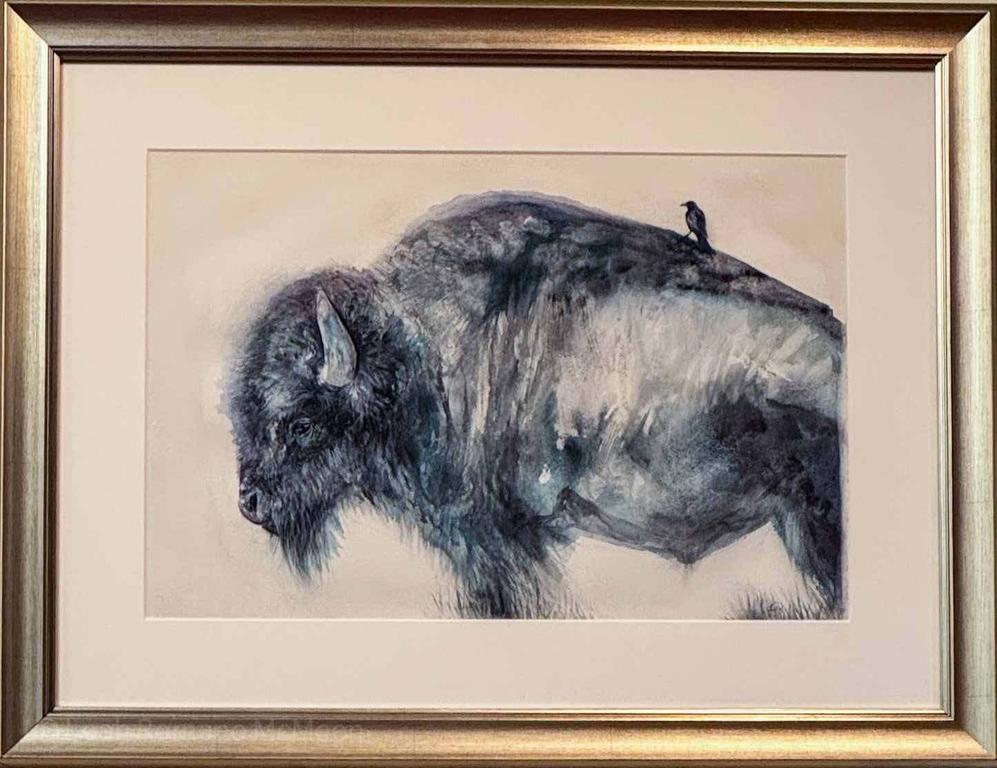 Prairie Companions Bison And Cowbird Watercolor Painting