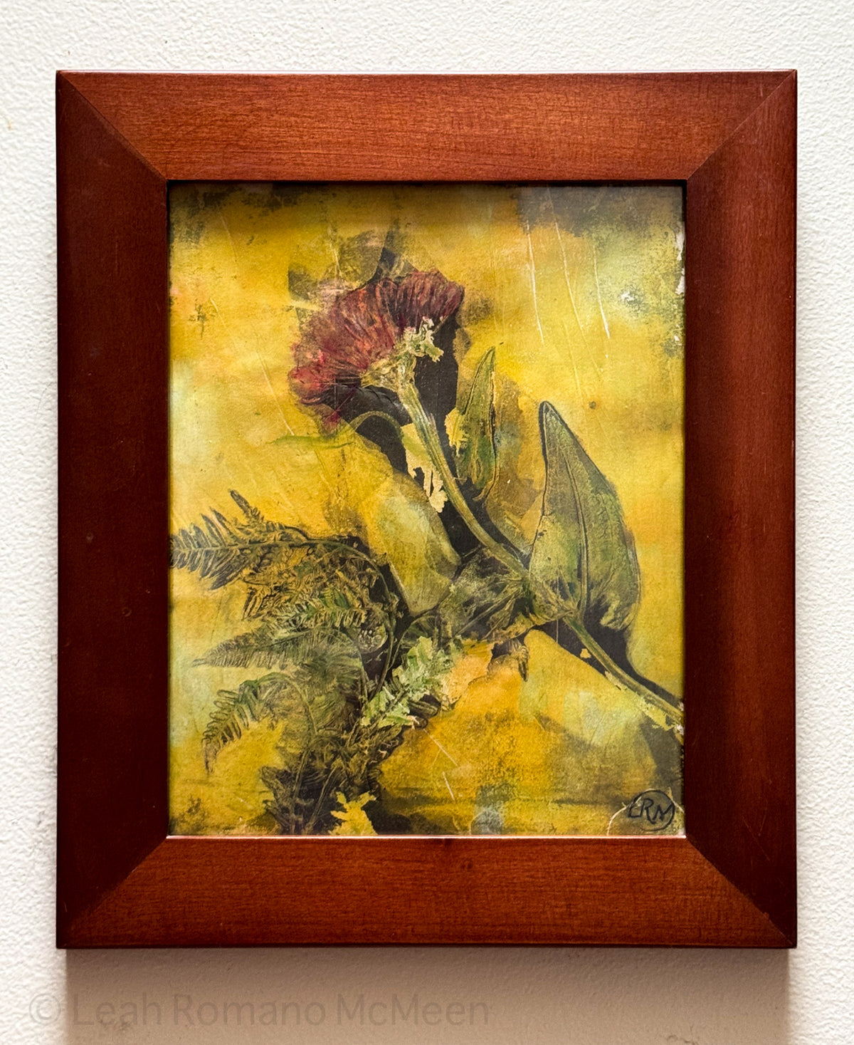 Zinnia And Fern Into Light • Botanical Monotype Painting