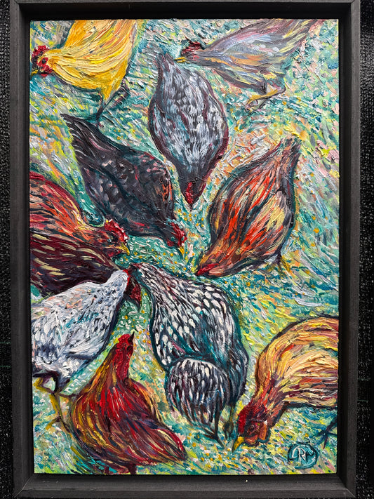 Busy Ladies Chicken Oil Painting - Sold