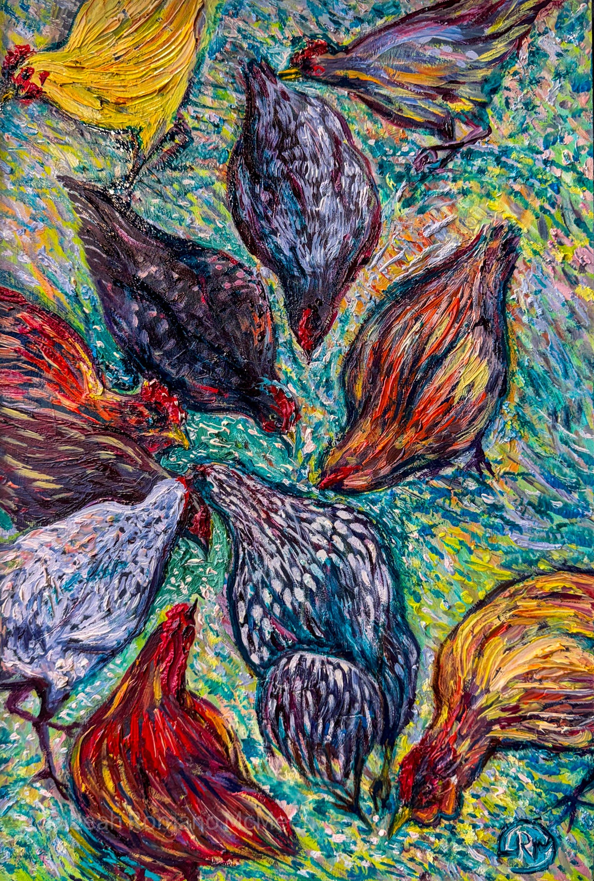 Busy Ladies Chickens Oil Painting Giclée Print