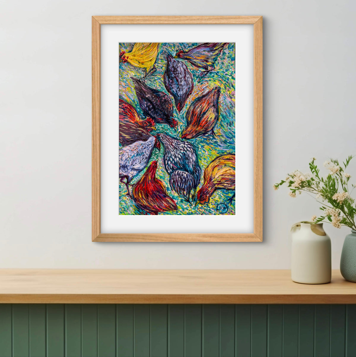 Busy Ladies Chickens Oil Painting Giclée Print