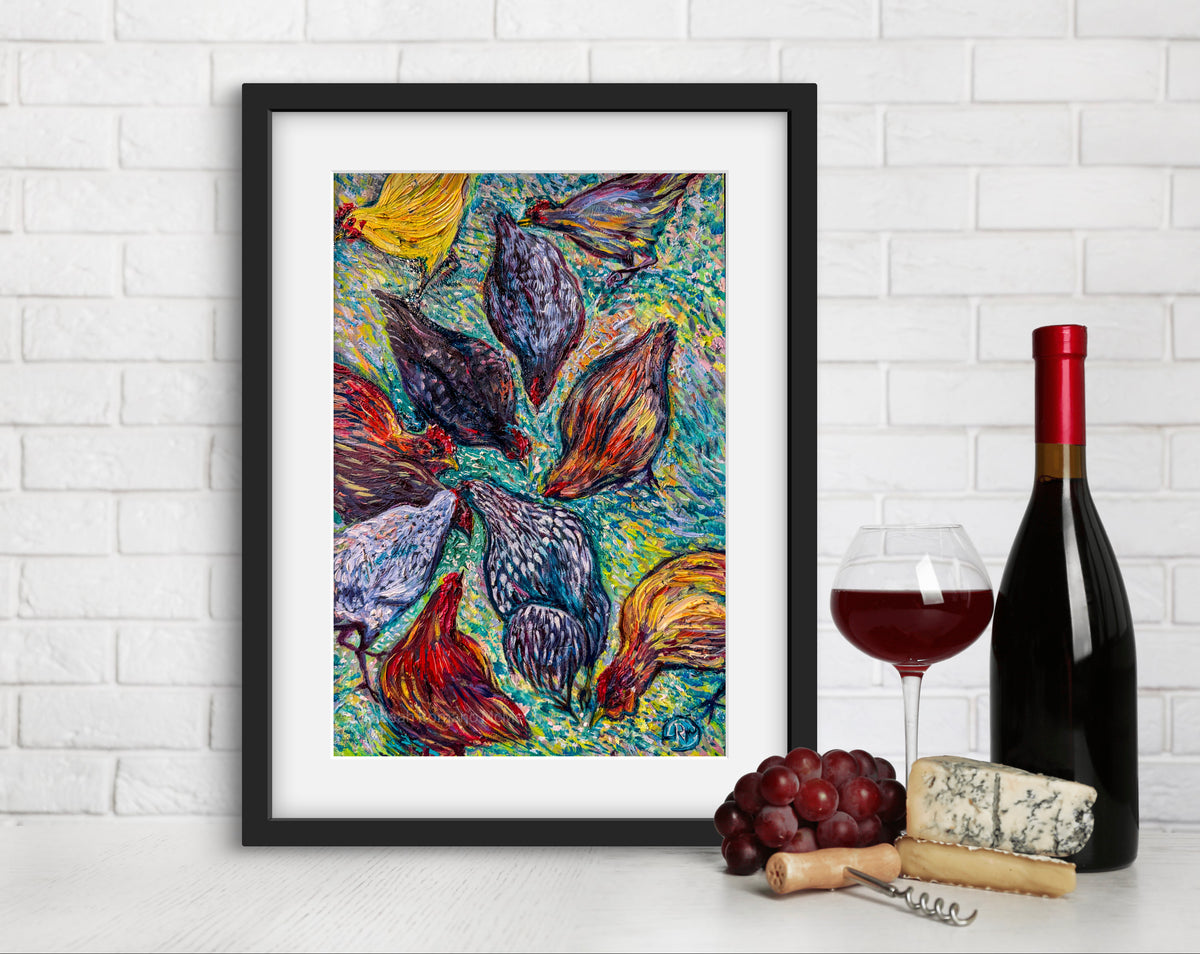 Busy Ladies Chickens Oil Painting Giclée Print