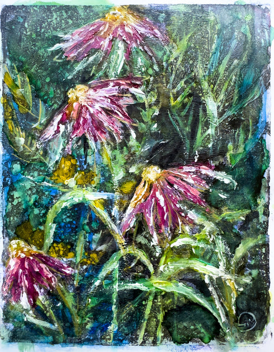 An expressive watercolor and montoype print painting of purple coneflowers with green leaves and stems against a dark, textured background.