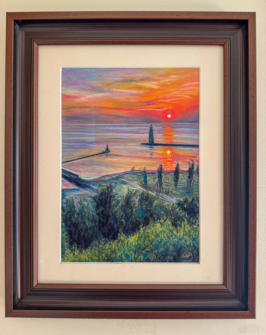 Elberta Bluffs • Frankfort Harbor • Lake Michigan Lighthouse Pastel Painting