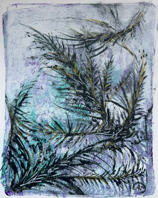 Giclee botanical print of fern leaves and painted with texture using watercolor and acrylic
