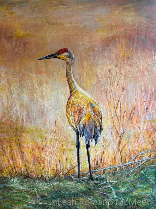 Golden Hour Crane - Oil Pastel Painting
