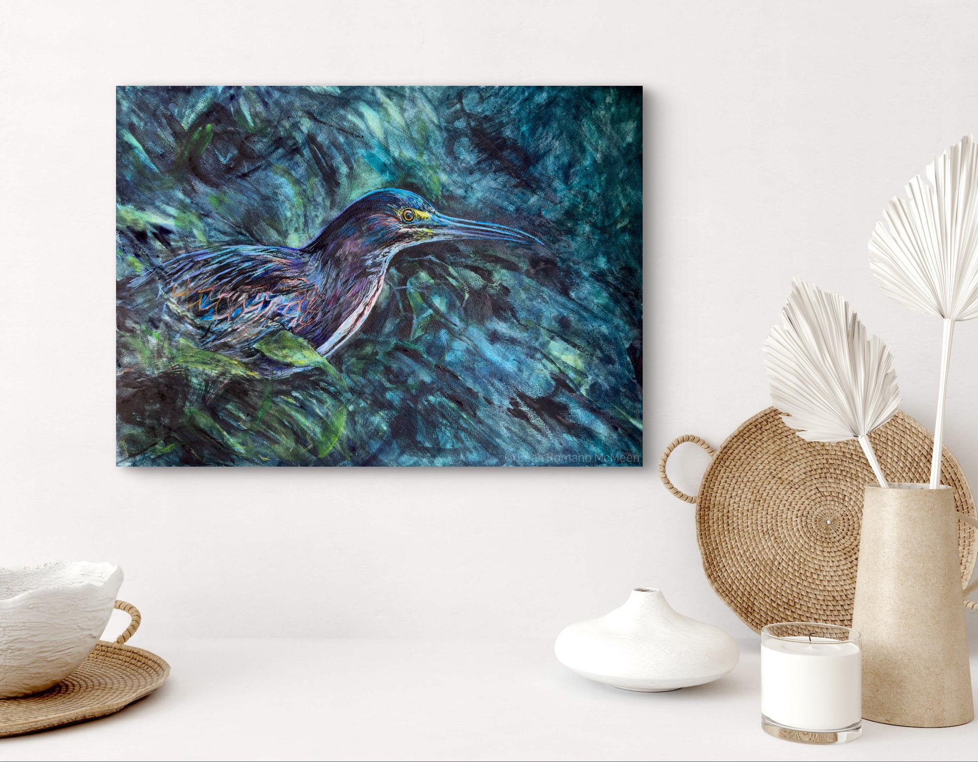 Artistic depiction of a bird in water with decorative items on a white surface