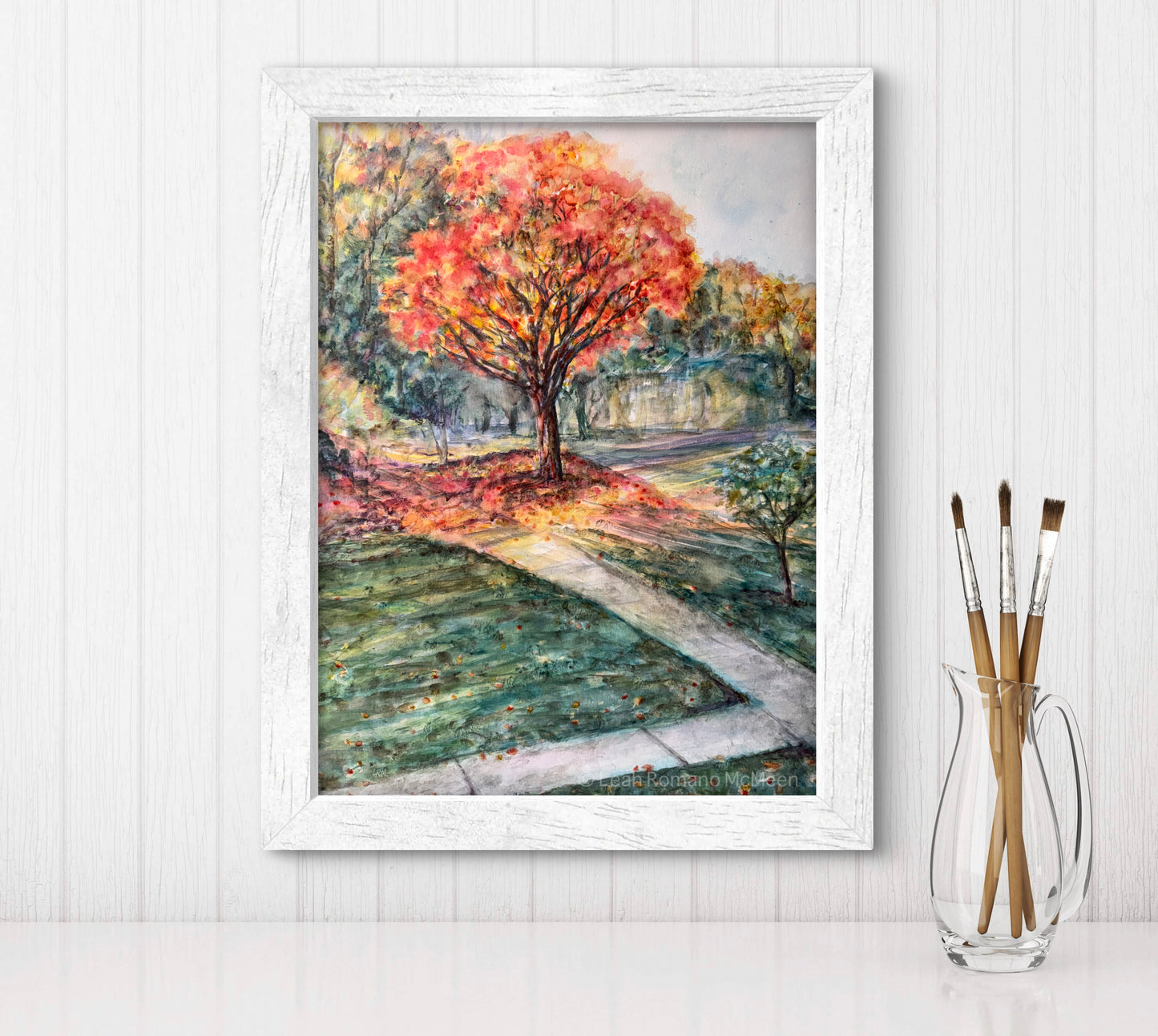 Autumn Light - Maple Tree In Neighborhood – Giclée Print from Watercolor Original