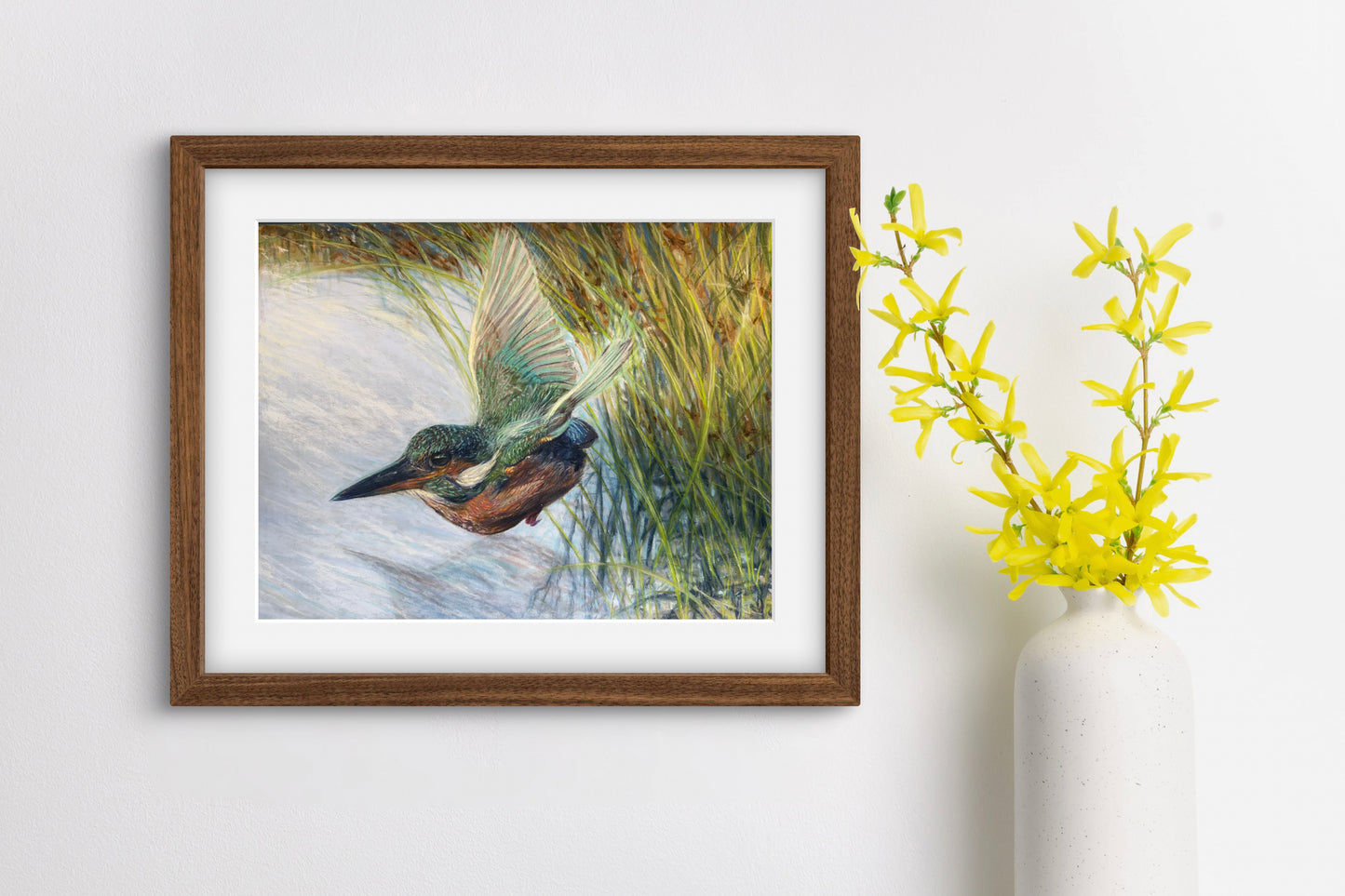 Kingfisher Over Water – Giclée Print from Soft Pastel Original Bird Art
