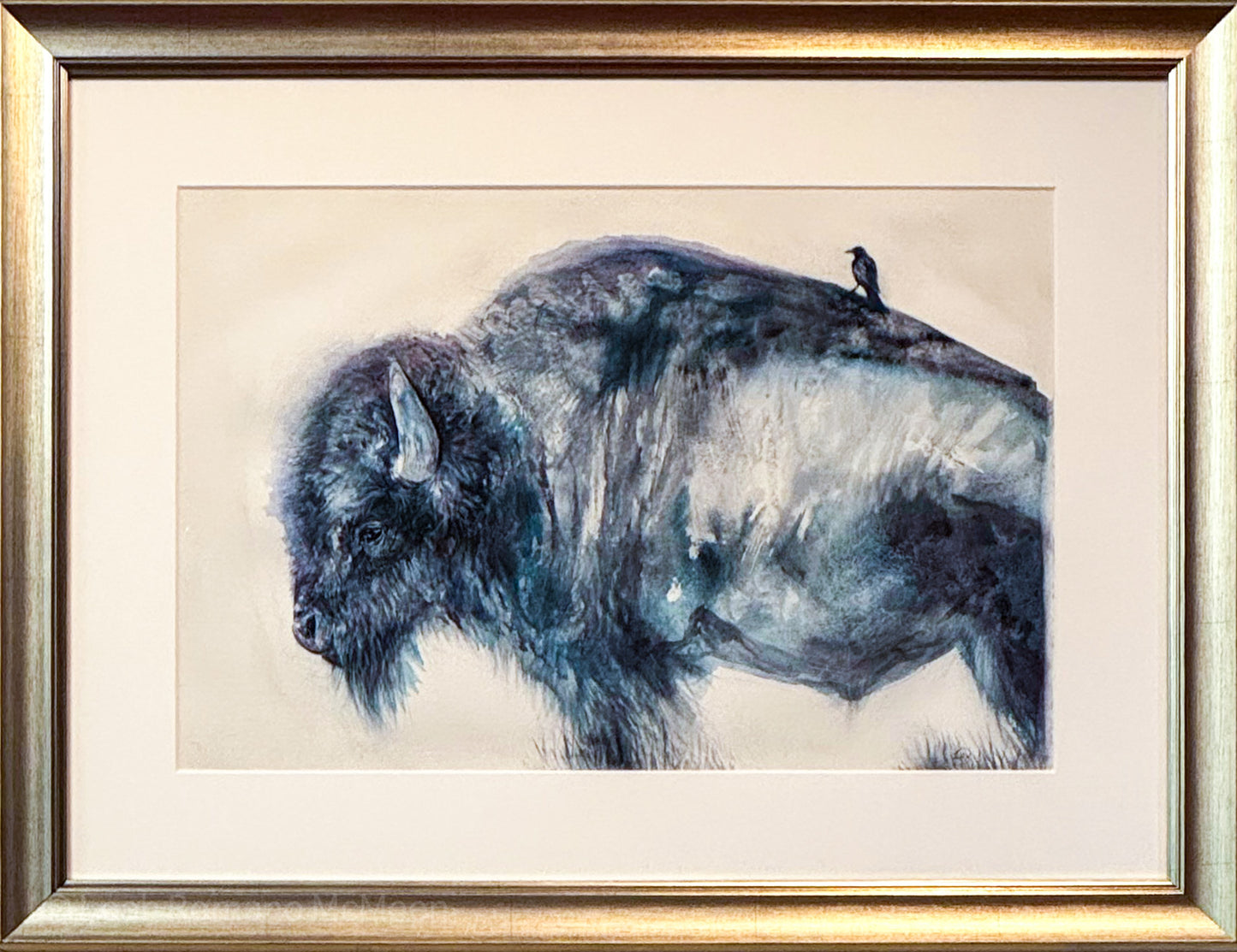 Prairie_Companions_Framed Bison and Cowbird Watercolor