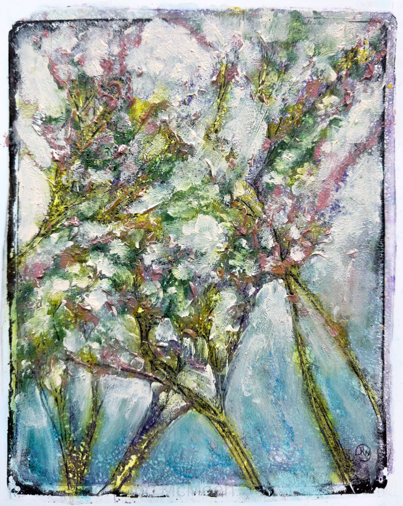 An impressionistic painting of flowering branches with white blossoms, green leaves, and soft blue and purple tones, rendered in textured brushstrokes.