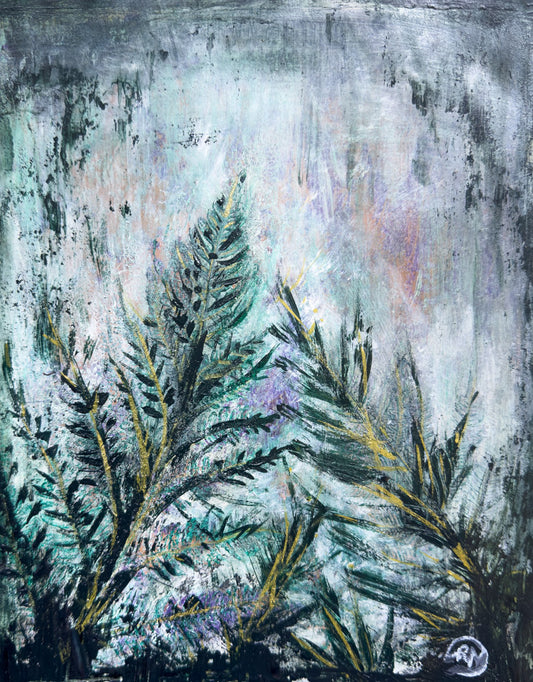 An abstract botanical painting featuring textured fern-like leaves in shades of teal, green, black, and gold against a mottled gray, white, and pale blue background.