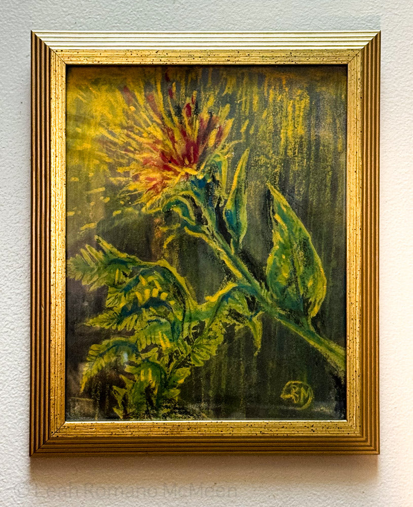 Zinnia And Fern Monotype Oil Pastel Painting Framed Original
