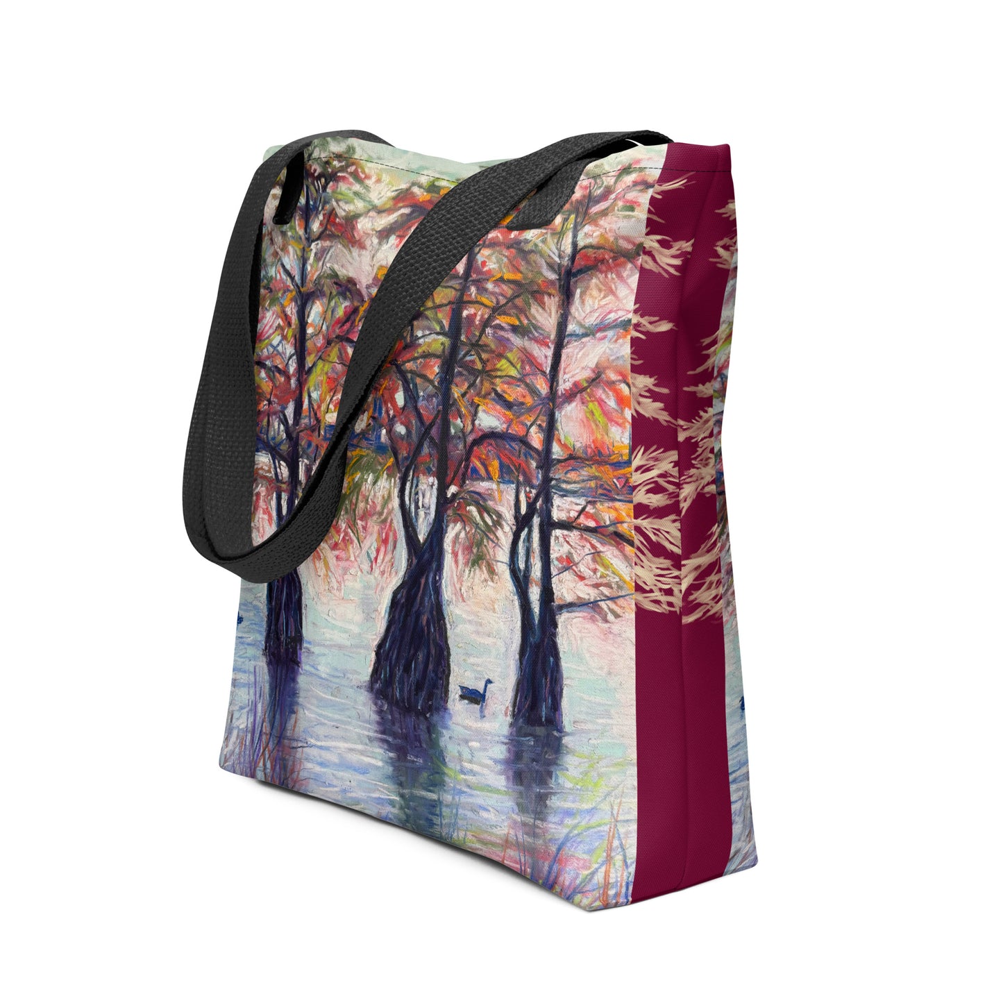 Three Sisters of La Porte Cypress Trees Tote Bag With Scarlet Accents