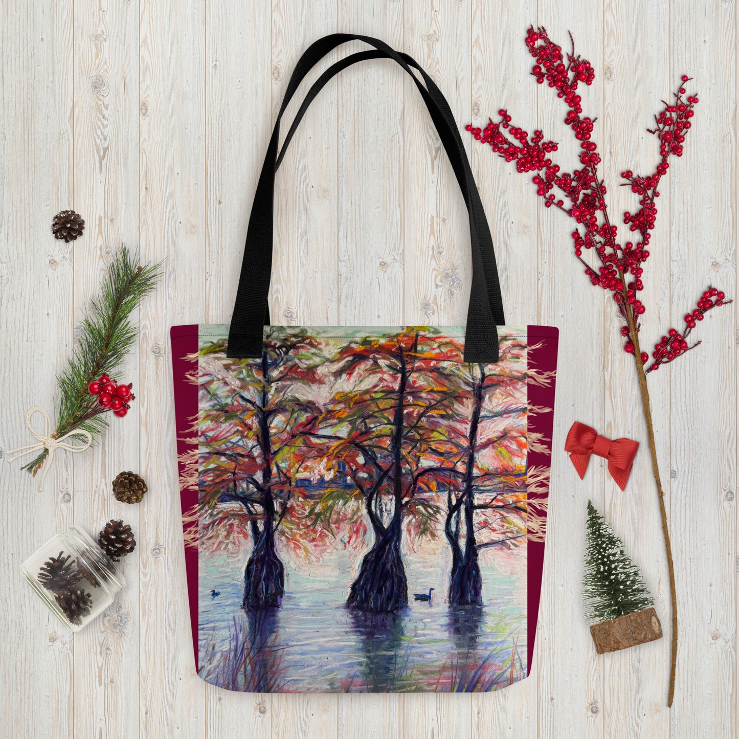 Three Sisters of La Porte Cypress Trees Tote Bag With Scarlet Accents