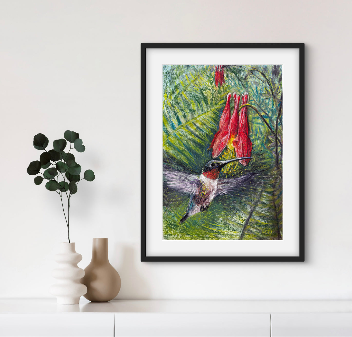 Hummingbird And Columbine In Ferns