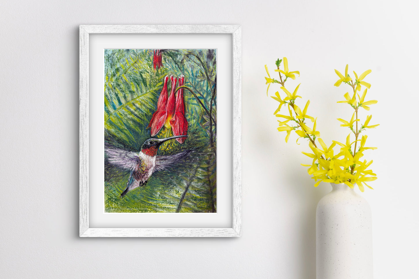 Hummingbird And Columbine In Ferns