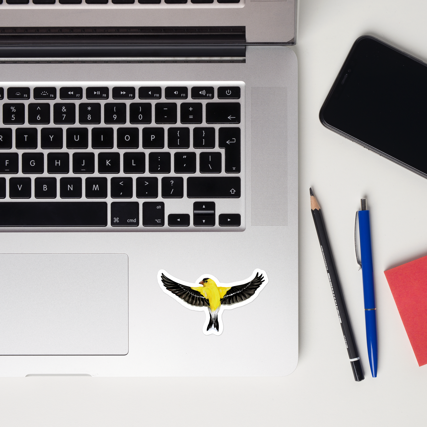 American Goldfinch in Flight – Kiss-Cut Vinyl Sticker – Songbird Illustration