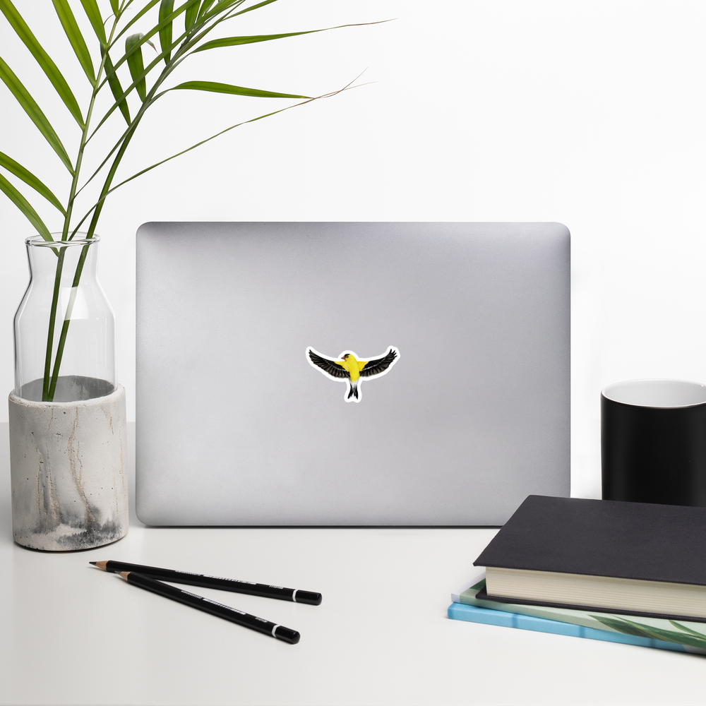 American Goldfinch in Flight – Kiss-Cut Vinyl Sticker – Songbird Illustration