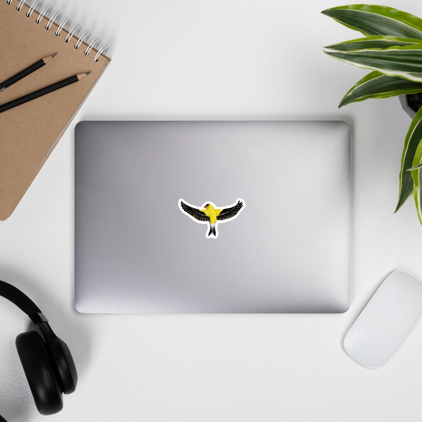 American Goldfinch in Flight – Kiss-Cut Vinyl Sticker – Songbird Illustration